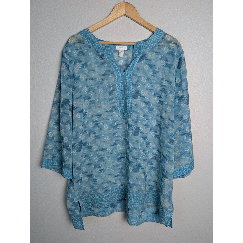 Chicos Blouse cover up XL 3 Blue Geometric V Neck 3/4 Sleeve Tunic‎ Top Sheer